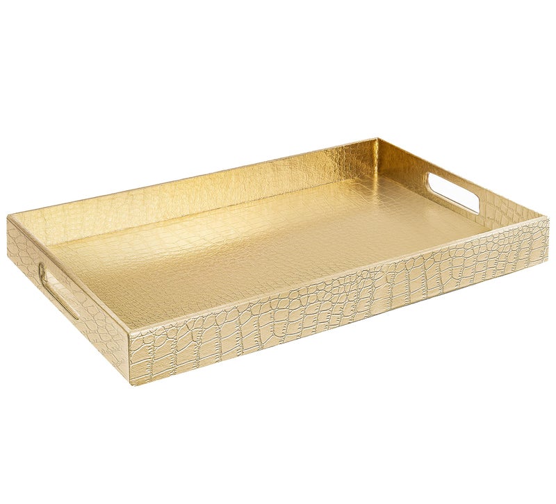 Home Redefined 17.5"x12" Gold Glossy Crocodile Faux Leather Serving Tray Beautiful Modern Elegant Decorative Tray with Handles Ottoman Coffee Table Tray for All Occasion's - Image 1